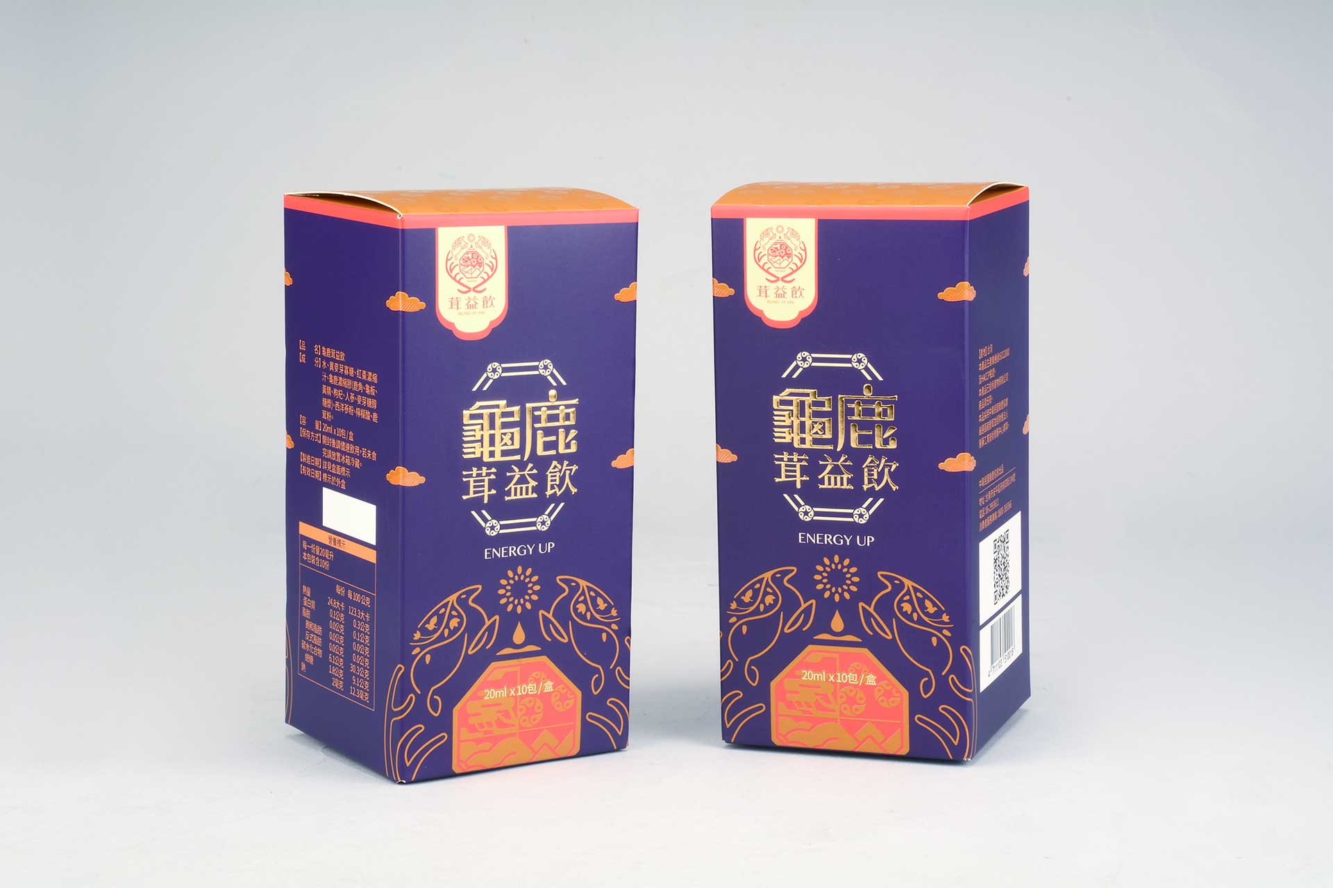 龜鹿茸益飲彩盒，產品大標燙金，彩盒局部光